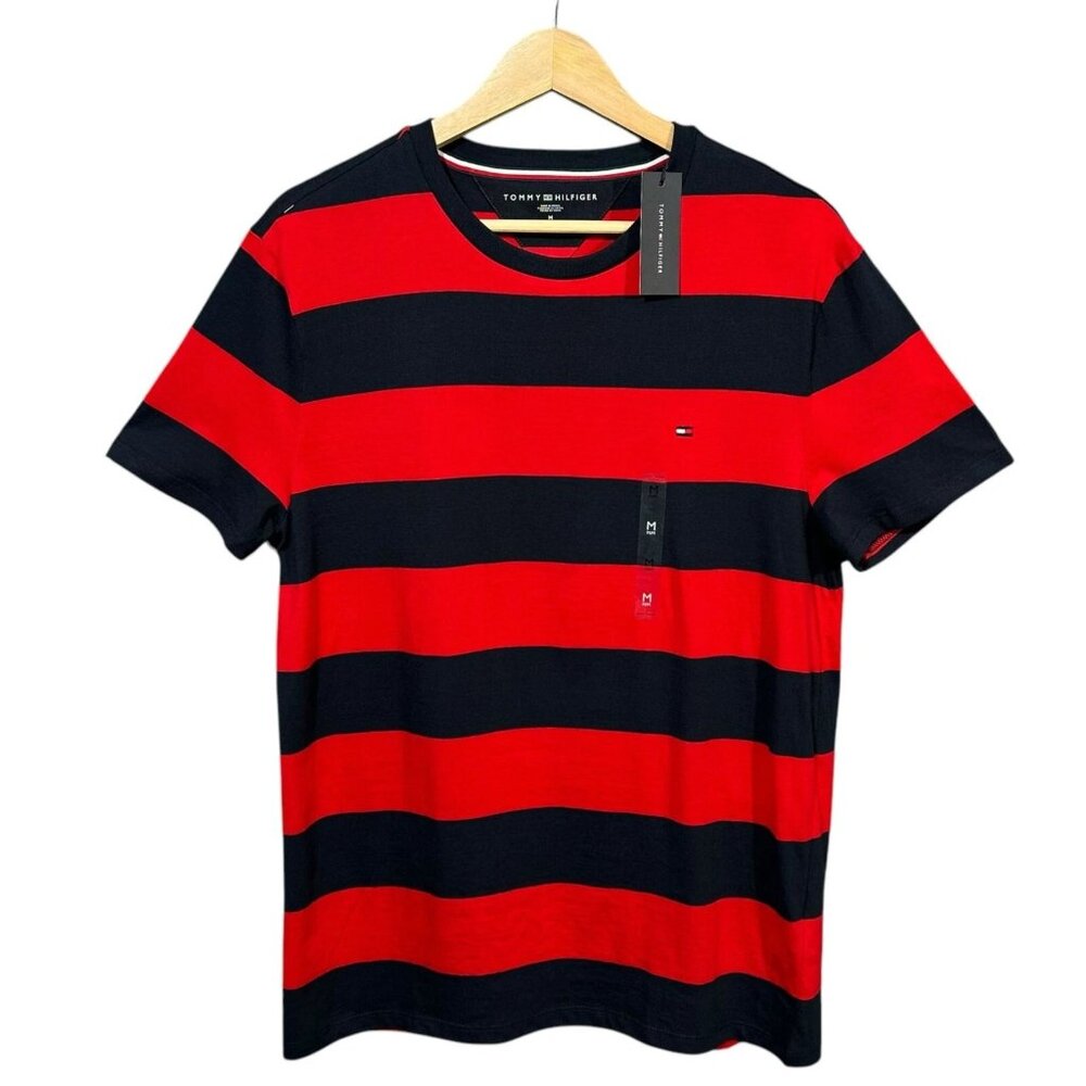 Tommy Hilfiger Men's Stripe Crew Neck T-Shirt Size M Primary Red -Navy Stretch
